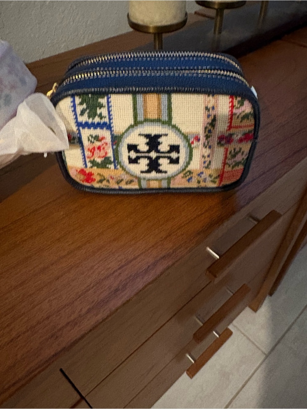 Tory Burch Navy and Multicolor Needlepoint Cosmetic Case